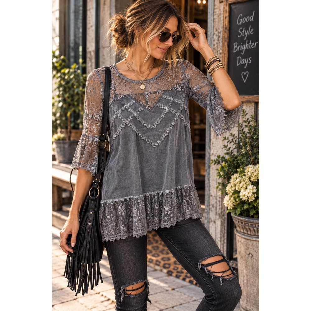 POL Clothing Gray Lace Tunic Top Boho Bell Sleeve Mineral Wash Mini Dress Small
